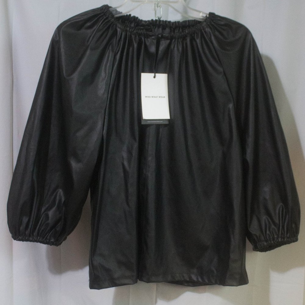 Women's Who What Wear Faux Leather Balloon 3/4 Sleeve Blouse NWT Size Large